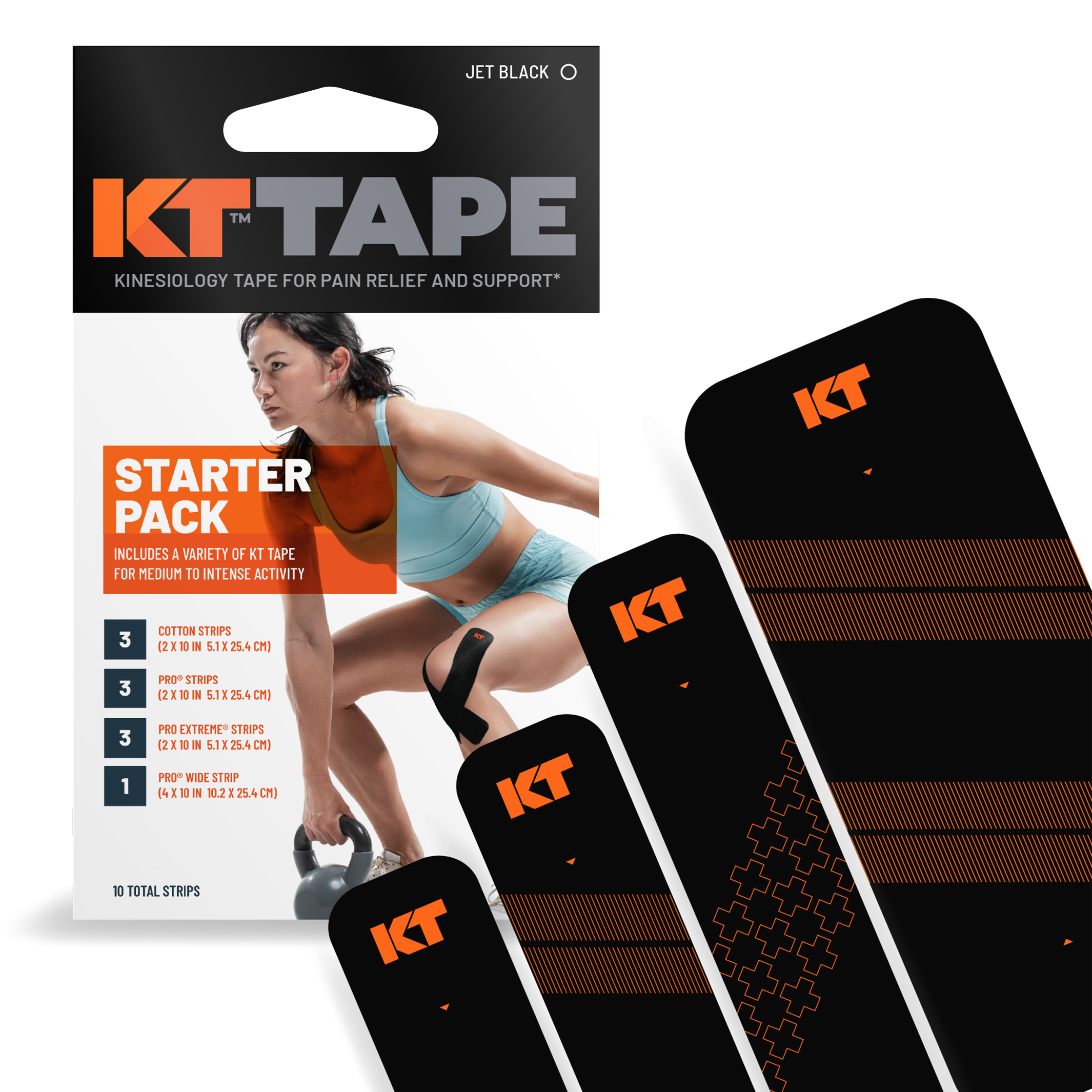KT Tape Pro Jet Black Kinesiology Therapeutic Tape, 20 count